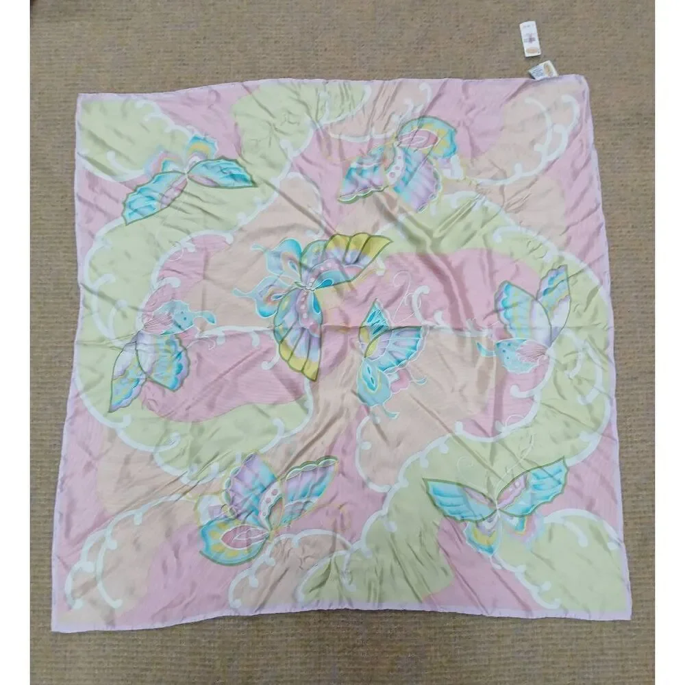 Talbots womens square 100% silk scarf pink lime green
